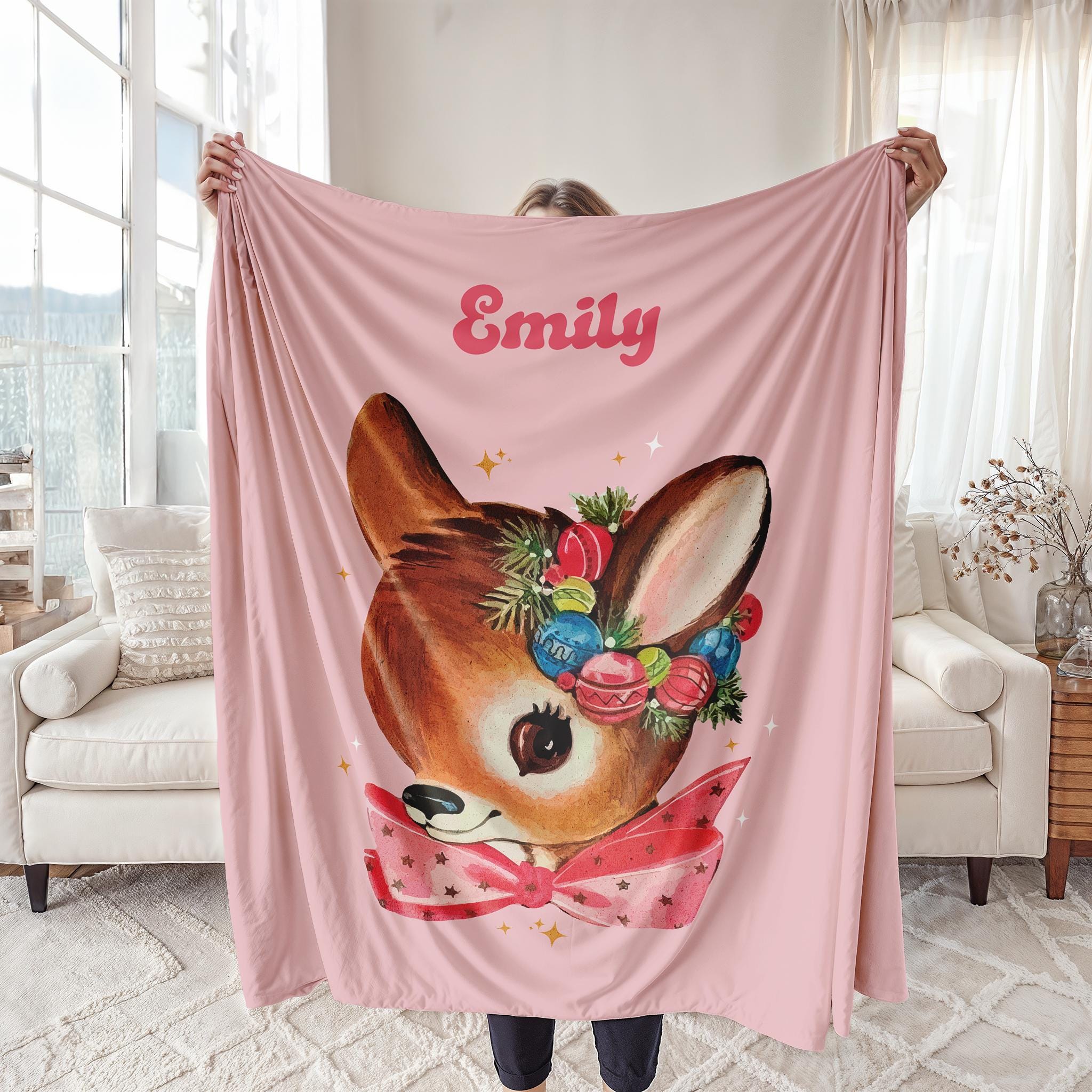 Personalized Blanket Christmas Kids Gift, Retro Christmas Reindeer Custom Name Blanket, New Baby Blanket, Family Christmas Personalized Gift