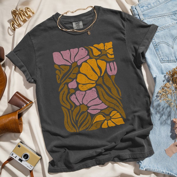 Boho Blumen Shirt, Retro Blumenästhetik TShirt, Trendy Comfort Farben Shirt, Jugendstil Wildblumen T-Shirt, 70er Jahre Vintage Grafik Hippie Shirt