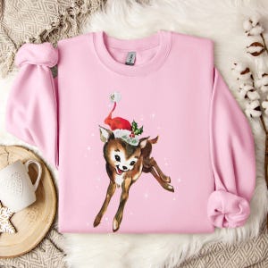 Retro Vintage Christmas Reindeer Sweatshirt - Women&#39;s Christmas Shirt Gift - Cute Christmas Crewneck Holiday Sweater - Matching Family Shirt