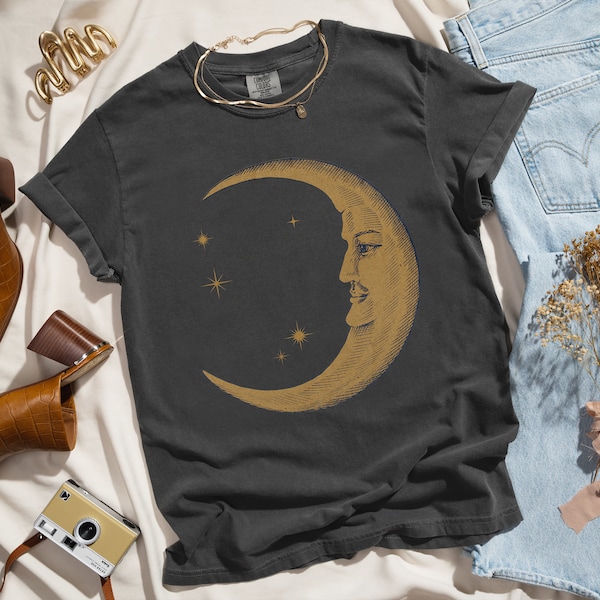 Boho Moon Shirt, Retro Comfort Colors TShirt for Women, Spiritual Astrology T Shirt, Vintage Graphic Tee, Celestial Trendy Yoga Shirt Gift