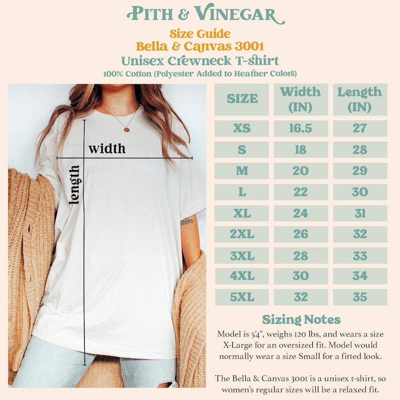 Puede incluir: Tabla de tallas para una camiseta de cuello redondo unisex Bella + Canvas 3001. La tabla muestra el ancho y la longitud en pulgadas para las tallas XS a 5XL. La tabla tambi&eacute;n incluye notas de talla para el modelo que lleva una talla XL.