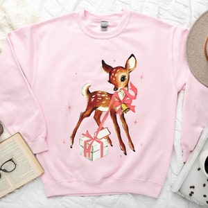 Retro Reindeer Pink Christmas Sweatshirt Gift for Her, Vintage Cottagecore Christmas Sweater, Baby Deer Shirt, Retro Christmas Party Shirt