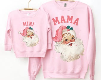 Mama Mini Christmas Sweatshirts, Retro Pink Santa Mom Toddler Shirt, Mother Daughter Shirt, Toddler Christmas Sweater, Matching Mommy and Me
