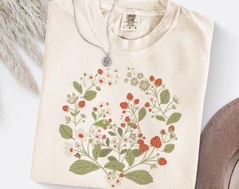 Komfort Farben Erdbeere Shirt Frauen Geschenk Botanisches T-Shirt Wildblumen Shirt Geschenk Cottagecore Rundhalsausschnitt Gepresste Blumen Shirt Muttertagsgeschenk