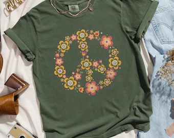 Comfort kleuren vredesteken shirt, vredesshirt, Valentijnsdag shirt cadeau voor haar, vintage graphic tees, groovy T-shirt, hippie bloemen boho shirts