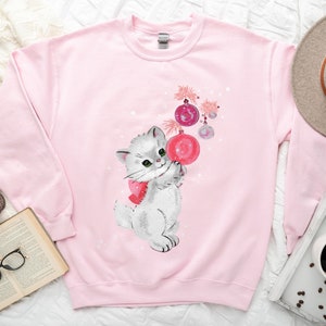Retro Pink Christmas Sweatshirt Gift for Cat Lover, Vintage Aesthetic Shirt, Cottagecore Shirt, Holiday Teacher Shirt, Group Family Shirts