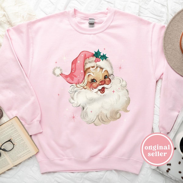 Retro Pink Santa Christmas Sweatshirt Gift for Her, Pink Christmas PJs Matching Family Pajamas Retro Christmas Shirt Vintage Holiday Sweater