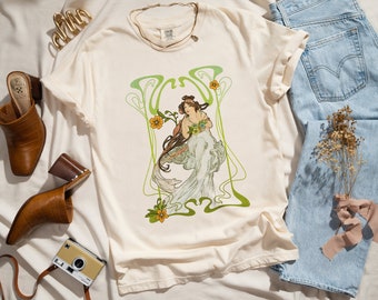 Boho Aesthetic Shirt, Retro Comfort Colors TShirt, Art Nouveau T-Shirt, Alphonse Mucha Tee, Vintage Hippie Gift for Best Friend Birthday