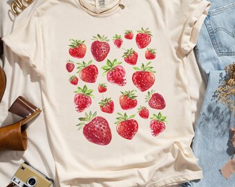 Camiseta de fresas, regalo, botánica, colores cómodos, camiseta estilo preppy, camiseta con estética cottagecore, fresas, camiseta boho, camiseta con estampado vintage