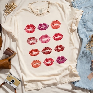 Valentines Comfort Colors Shirt, Lipstick Kiss Valentines Day Shirt Gift for Her, Vintage Style Valentines Tee, Valentines Day TShirt PJs