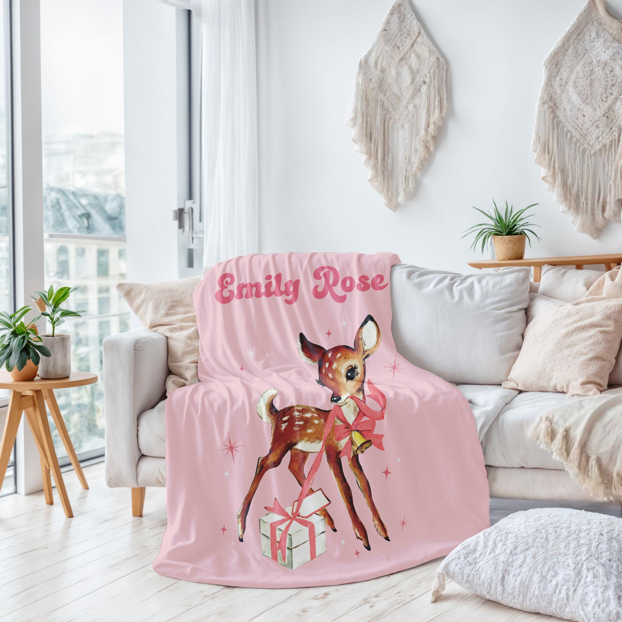 Personalized Blanket Gift Christmas Kids, Retro Christmas Reindeer Custom Name Blanket, New Baby Blanket, Family Christmas Personalized Gift
