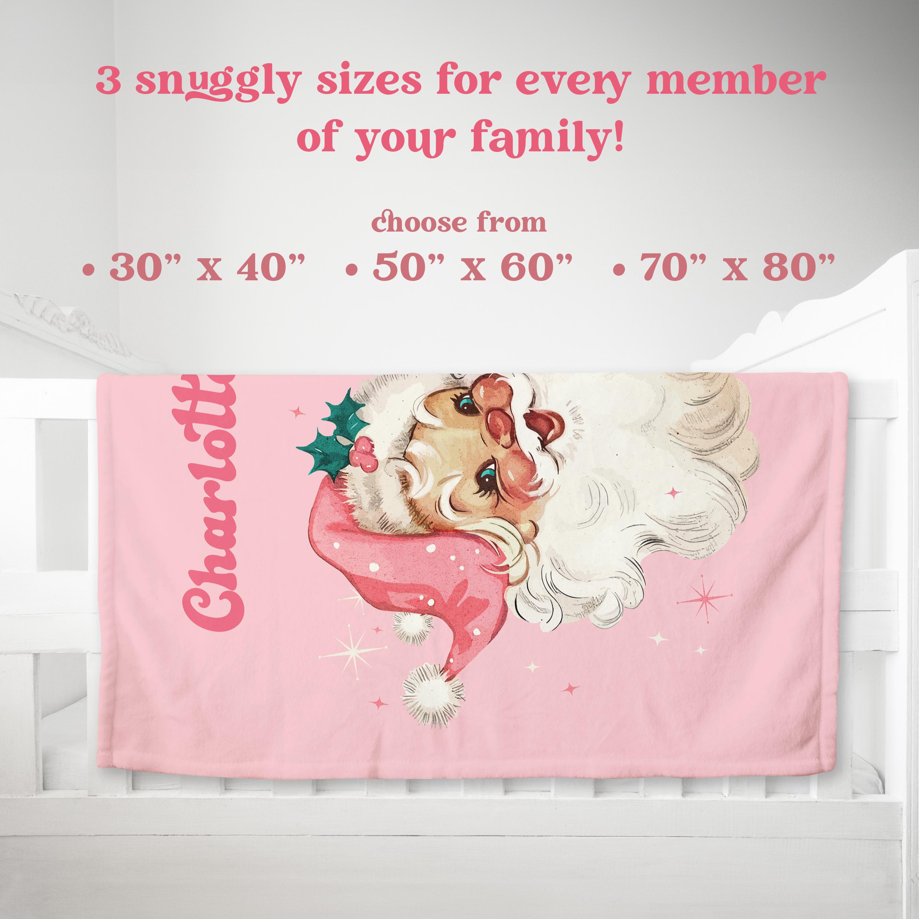 Personalized Blanket Gift for Christmas, Retro Pink Santa Custom Name Holiday Gift, Customized Name Baby Blanket, Family Christmas Gift Kids