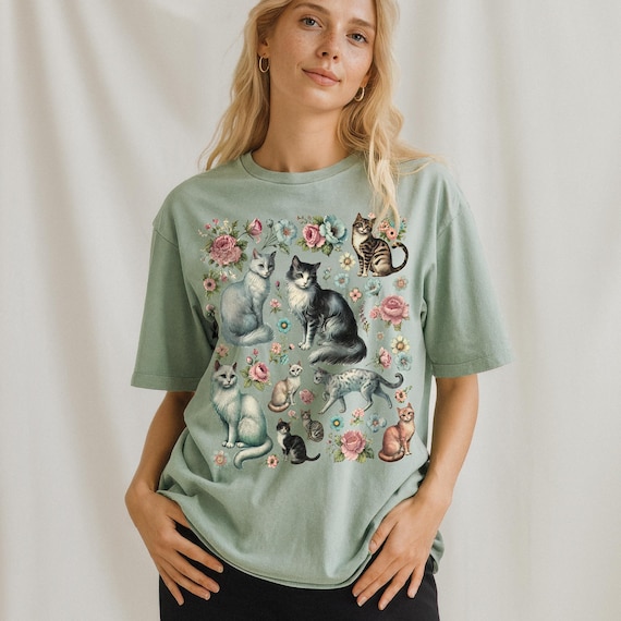 Retro Cat Shirt – Comfort Colors Vintage Graphic Tee, Oversized Aesthetic Cat Lover Gift