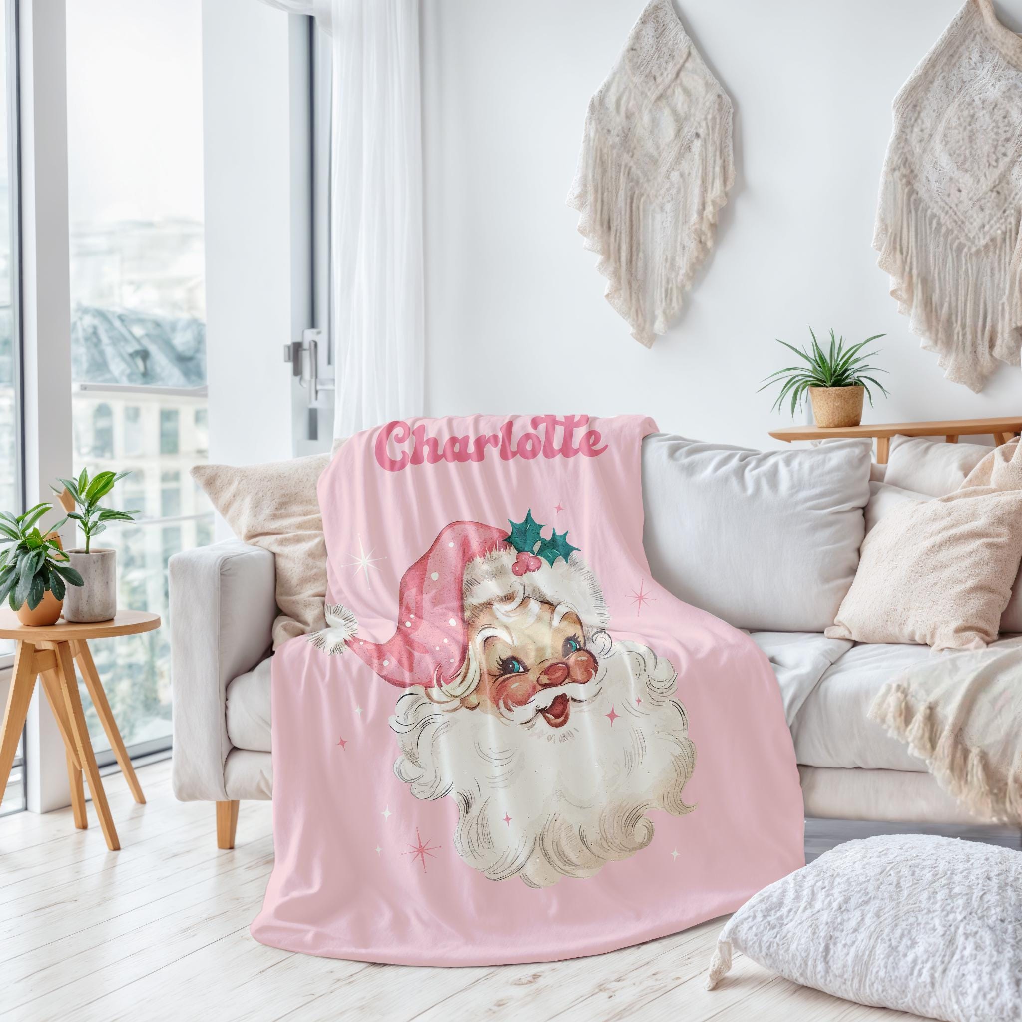 Personalized Blanket Gift for Christmas, Retro Pink Santa Custom Name Holiday Gift, Customized Name Baby Blanket, Family Christmas Gift Kids