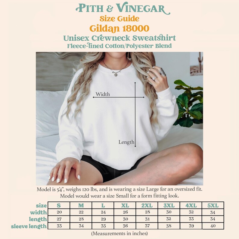 Unisex sweatshirt size chart with measurements for S–5XL.