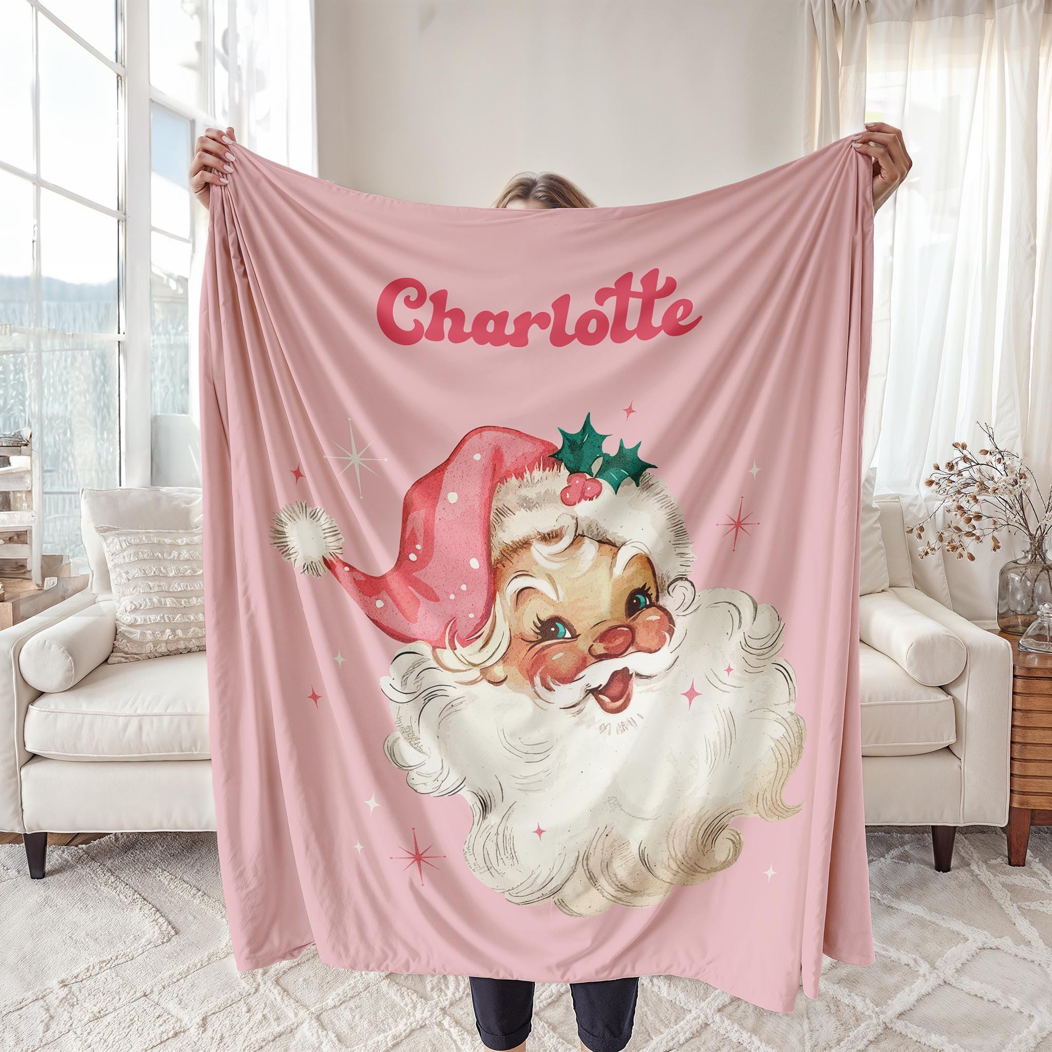 Personalized Blanket Gift for Christmas, Retro Pink Santa Custom Name Holiday Gift, Customized Name Baby Blanket, Family Christmas Gift Kids