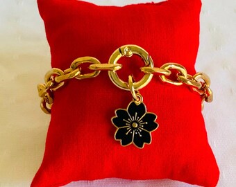 Chunky mesh bracelet, chain, thick, women, circular clasp, pendant, enamel, flowers, minimalist, steel, link, flower, black, rock