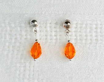 Women's earrings, crystal, glass, dangling and drops, minimalist, oval, orange, silver, 925, colors, chip, simple, handmade