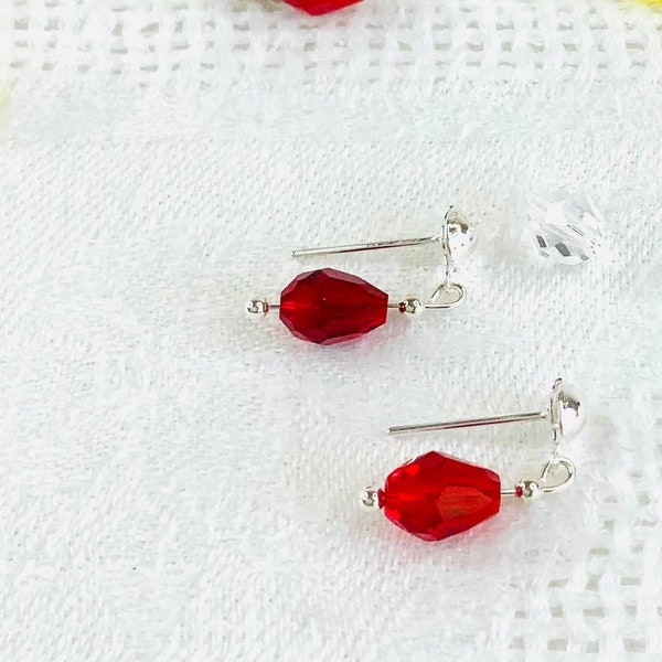 Boucles d’oreilles pendantes courtes, rouge, femme, verres, cristal, ovale , minimalistes, argent, cadeau amitié, fille, simple, 925,