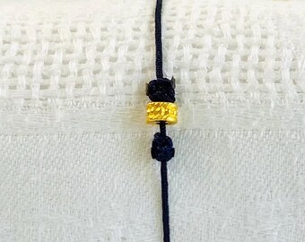 Simple cord bracelet, braided, gold beads, kabbalah, knot, minimalist, sliding, black cords, ash, designers, adjustable, delicate