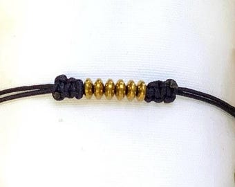 Designer bracelet, cord, braided, handmade, double row, simple, adjustable, knot, sliding, black and gold, kabbalah, morse code, stack, delicate