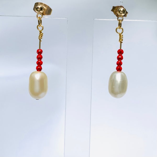 Boucles d’oreilles pendantes en vrai perles, goutte, longue, spinell, pour femme, pierres naturelles, rouge, perles de culture, baroque, or,