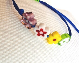 Women&#39;s bracelet, cord, braided, Morse code, Kabbalah, flower, double row, glass beads, colorful, sliding, minimalist, simple, ash, stack