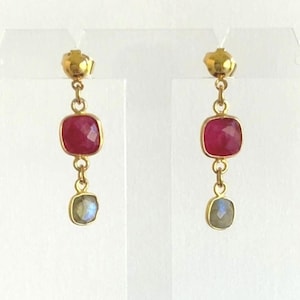 Earrings, ruby, labradorite, dangling, long, lightweight, square, blue, red, elegant, delicate, sparkling, simple, stone, design