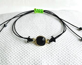 Cord bracelet, natural stone, onyx, black, braided, adjustable, sliding, handmade, double row, delicate, simple, center, adjustable, knot