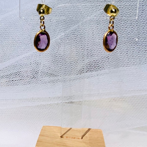 Boucles d’oreilles femme,améthystes, courtes, pendantes, goutte, pîerre,   minimalistes, protection, or, tear drop,vintage, violette, fines