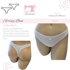 Könnte beinhalten: Weißer String-Tanga mit kleinem Zierknopf. Das Bild enthält eine Strichzeichnung von zwei Tangas und den Text "String Lani". Das Markenlogo ist eine rosa Nähmaschine.