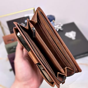 Personalisierte Brieftasche, Handy Hülle Portemonnaie und Handtasche, Geniune Lederne Geldbörse mit Reißverschlussfach für Männer und Frauen, iPhone Hülle