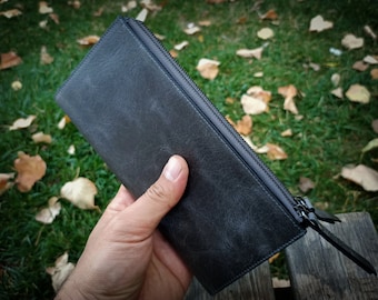 Gepersonaliseerde grijs lederen dames portemonnee met ritssluiting, leren damesportemonnee, portemonnee met ritssluiting, gepersonaliseerd cadeau, valentijnscadeau, cadeau voor haar
