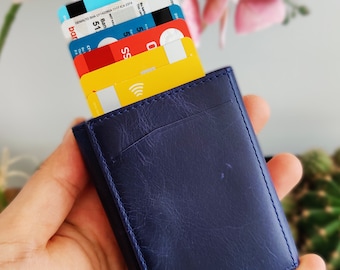 Personalized Pop Up Credit Card Wallet, Minimalist Leather Wallet, Blue Leather Wallet, Slim Leather Wallet, Mens Wallet