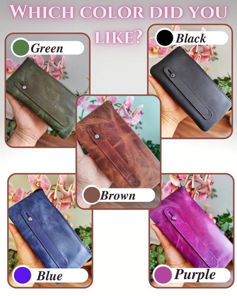 May include: Five leather wallets in different colors: green, black, brown, blue, and purple. The wallets are all closed and have a zipper on the top. The question "Which color did you like?" is written above the wallets.