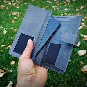 Cartera de cuero con solapa a presión, Monedero largo, Tarjetero de cuero gris, Estuche de tarjeta alto para mujer, Cartera de negocios de cuero, Bolsillo múltiple