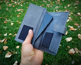 Snap Flap Leather Wallet, Long Wallet Purse, Gray Leather Card Holder, Tall Card Case for Womens, Leather Business Wallet, Multi Pocket