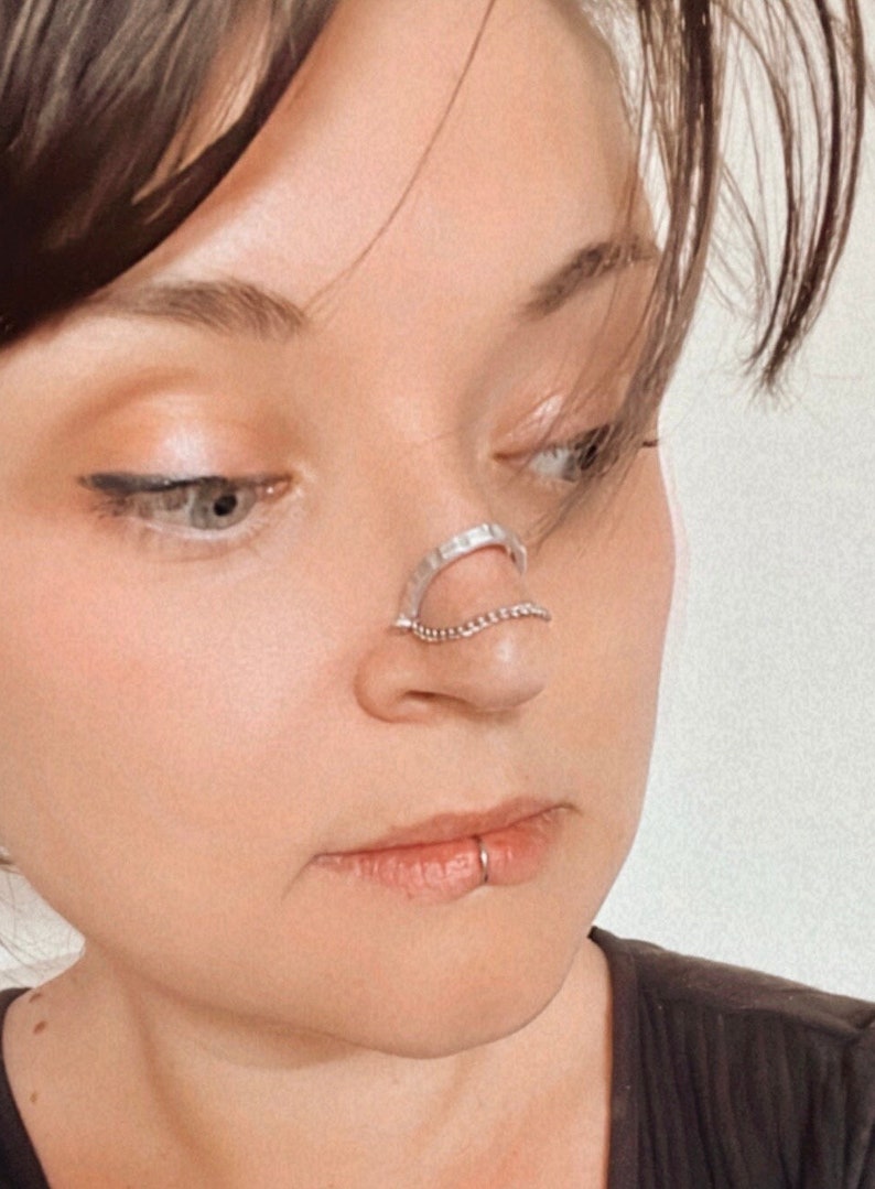 Chain Nose Bridge Cuff, No Piercing Nose Cuff, Fake Nose Ring, Silver