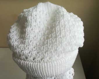 Ensemble bonnet double et reversible 1 face point gaufre et l'autre Jersey endroit et écharpe femme infini.