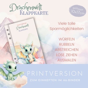 Drachenwelt Klappkarte, abwechslungsreiche Sparchallenge als Printversion. Würfeln, Rubbeln, Ausmalen, Abstreichen, wahlweise Lose ziehen