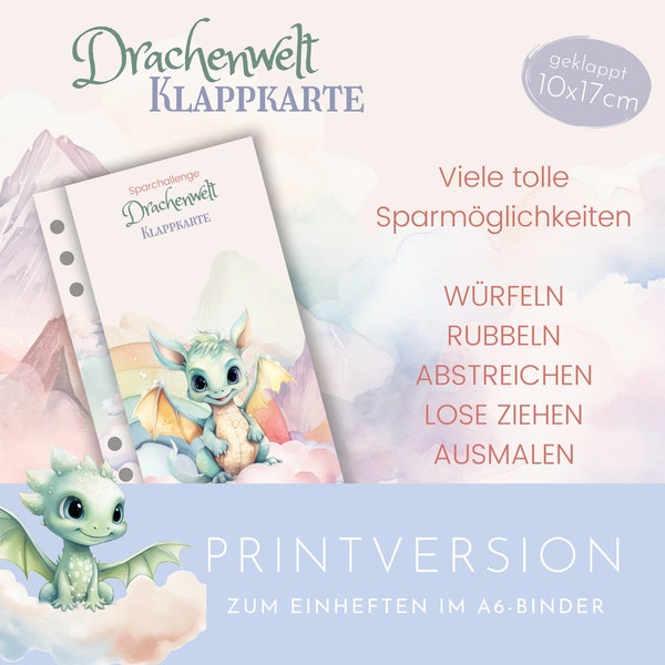 Drachenwelt Klappkarte, abwechslungsreiche Sparchallenge als Printversion. Würfeln, Rubbeln, Ausmalen, Abstreichen, wahlweise Lose ziehen