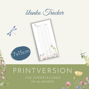 Könnte beinhalten: Druckbarer leerer Tracker mit floralem Design, mit Libellen und Wildblumen. Der Tracker ist 7 cm x 15 cm groß und für die Verwendung in einer Reißverschlusstasche in einem A6-Ordner konzipiert.