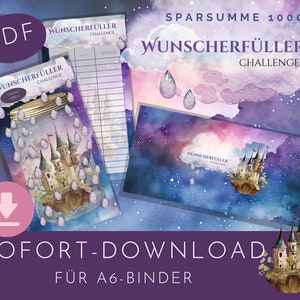 May include: A printable PDF download for a wish-fulfillment challenge. The image shows a watercolor illustration of a castle on a floating island with a jar of wishes and raindrops. The text on the image reads "Wunsch erfüller Challenge" and "Sparsumme 1000€".