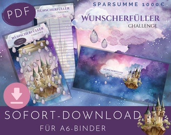 Wish-fulfiller savings challenge with dashboard and tracker as PDF instant download. For A6 envelope method. 1000 Euro savings amount