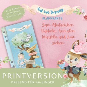 Vouwkaart "Op naar het theekransje" als printversie. Spaaruitdaging met vele mogelijkheden. Alice bezoekt de Hoedenmaker.