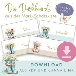Op de afbeelding: Vijf printbare dashboardkaarten met een lentethema. Elke kaart heeft een paar regenlaarzen met bloemen erin. De kaarten zijn gelabeld met "Trinken", "Lebensmittel", "Droger", "Dein Text" en "Download als PDF und Canva-Link".