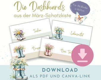 Blanko Budgeting Dashboards für A6 Binder Umschlagmethode Titelblätter im Hallo Frühling März- Schatzkisten-Design, Plus Vorlagenlink