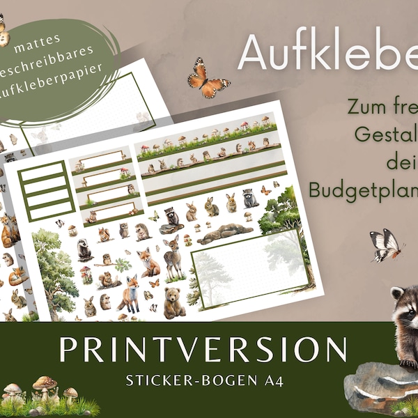 Stickerbogen mit Aufklebern zur Gestaltung deiner Budgetplanung oder des Notizbuchs. Waldtier-Design