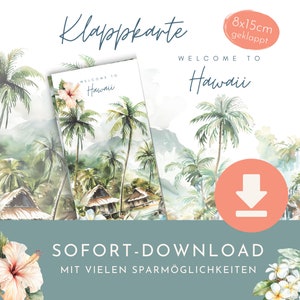 Biglietto pieghevole Saving Challenge "Benvenuti alle Hawaii" come download immediato in formato PDF.