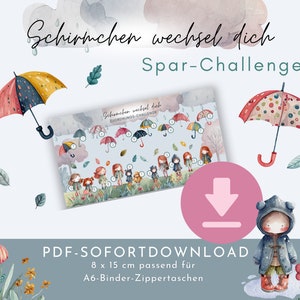 Könnte beinhalten: Ein ausdruckbares Aktivitätsblatt mit dem Text "Schirmchen wechsel dich Spar-Challenge" und einem Zuordnungsspiel mit bunten Schirmen und Kindern. Das Blatt ist 8 Zoll mal 15 Zoll groß und eignet sich für A6-Binder-Zipper-Taschen.